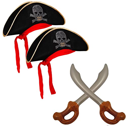 Edozos Herren Damen Piratenpaar Hut Totenkopf Druck Piraten Kapitän Caps & 2x Aufblasbare Schwerter - Piraten Zubehör Lustiger Partyhut für Karibik Verkleidung von Edozos