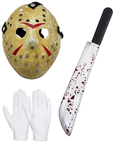 Edozos Jason Voorhees-Maske + Machete + weiße Handschuhe, Cosplay, Halloween, Freitag, 13. Maskerade, Party, Horror, Hockey-Maske für Männer und Erwachsene, 3-teilig von Edozos