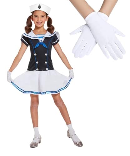 Edozos Kinder Matrosen Mädchen Verkleidung Kostüm Zubehör Set - Matrosenmütze + Kleid + Weiße Handschuhe ~ Mädchen Uniform Schulspiel Buchwoche Mottoparty Cosplay Navy Marine Yacht Outfits (4-6 Jahre) von Edozos