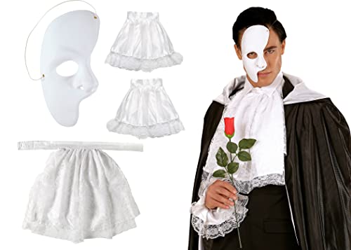 Edozos Phantom der Oper weiße Halbmaske + weißer Spitzen-Jabot + Spitzenmanschette – Maske, Karneval, Halloween, Phantom der Nacht, Cosplay, Verkleidung, weiß, Einheitsgröße von Edozos