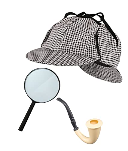 Edozos Viktorianischer Detektiv Sherlock Holmes Kostüm Zubehör Set Deerstalker Hut + Lupe + viktorianischen Look Pfeifendetektiv Kit, grau, One size Edozos Viktorianischer Detektiv Sherlock Holmes Kostüm Zubehör Set Deerstalker Hut + Lupe + viktorianischen Look Pfeifendetektiv Kit, grau, One size von Edozos