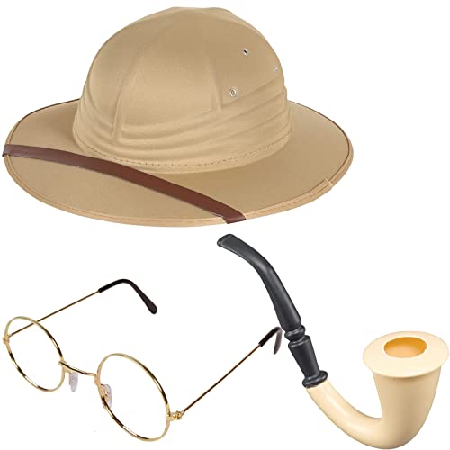 Herren Damen Safari Pith Helm Hut + Round Frame Glasses + Fake Smoking Pipe - Dschungel Safari Abenteurer Entdecker Jäger Reisende Kostümzubehör, beige, Einheitsgröße von Edozos