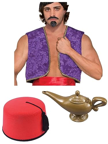 Kostüm für Erwachsene, arabischer Aladdin, Kostümzubehör-Set, violette Weste + roter Fez-Filzhut + Lampe, arabischer Prinz, Junggesellenabschied, Motto-Party, Halloween, Cosplay-Outfit von Edozos
