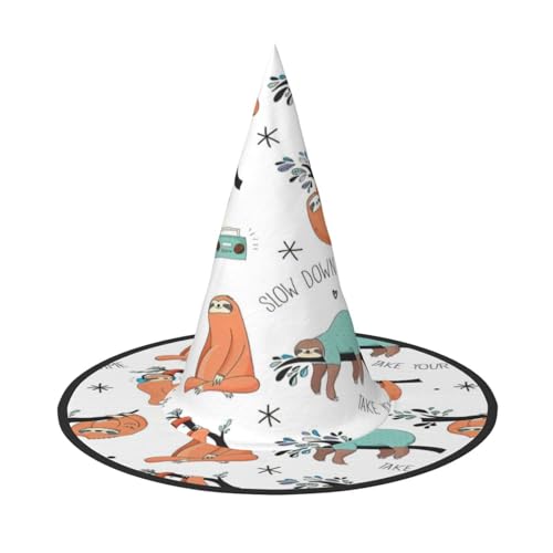 EdsfFehs Brauner Faultier-Druck, Halloween-Hut, spitz, lustig, breite Krempe, Zauberer-Kopfbedeckung, faltbares Festivalzubehör EdsfFehs Brauner Faultier-Druck, Halloween-Hut, spitz, lustig, breite Krempe, Zauberer-Kopfbedeckung, faltbares Festivalzubehör von EdsfFehs