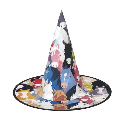 EdsfFehs Bunte Cartoon-Pferde-Druck, Halloween-Hut, spitz, lustig, breite Krempe, Zauberer-Kopfbedeckung, faltbares Festivalzubehör EdsfFehs Bunte Cartoon-Pferde-Druck, Halloween-Hut, spitz, lustig, breite Krempe, Zauberer-Kopfbedeckung, faltbares Festivalzubehör von EdsfFehs