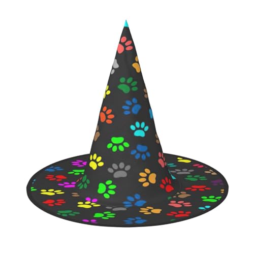 EdsfFehs Bunter Hundepfotenabdruck, schwarzer Druck, Halloween-Hut, spitz, lustig, breite Krempe, Zauberer-Kopfbedeckung, faltbares Festivalzubehör EdsfFehs Bunter Hundepfotenabdruck, schwarzer Druck, Halloween-Hut, spitz, lustig, breite Krempe, Zauberer-Kopfbedeckung, faltbares Festivalzubehör von EdsfFehs