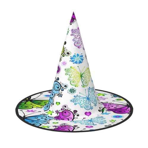 EdsfFehs Frühlingshut mit buntem Schmetterlings-Druck, spitz, lustig, breite Krempe, Zauberer-Kopfbedeckung, faltbares Festivalzubehör EdsfFehs Frühlingshut mit buntem Schmetterlings-Druck, spitz, lustig, breite Krempe, Zauberer-Kopfbedeckung, faltbares Festivalzubehör von EdsfFehs