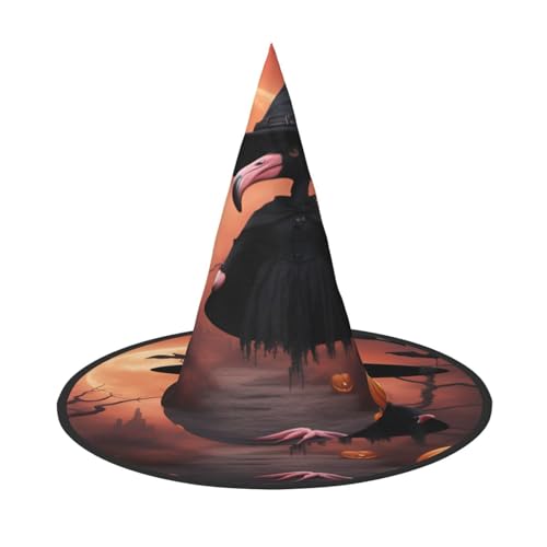 EdsfFehs Halloween-Flamingo-Hexenhut, Druck, Halloween-Hut, spitz, lustig, breite Krempe, Zauberer-Kopfbedeckung, faltbares Festivalzubehör von EdsfFehs