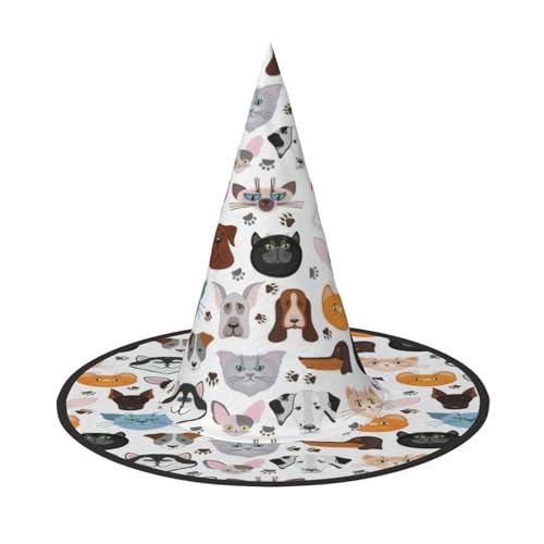 EdsfFehs Halloween-Hut mit Cartoon-Katzen- und Hunde-Druck, spitz, lustig, breite Krempe, Zauberer-Kopfbedeckung, faltbares Festivalzubehör von EdsfFehs