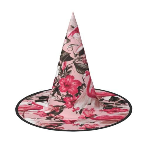 EdsfFehs Halloween-Hut mit Flamingo-Blumendruck, spitz, lustig, breite Krempe, Zauberer-Kopfbedeckung, faltbares Festivalzubehör von EdsfFehs