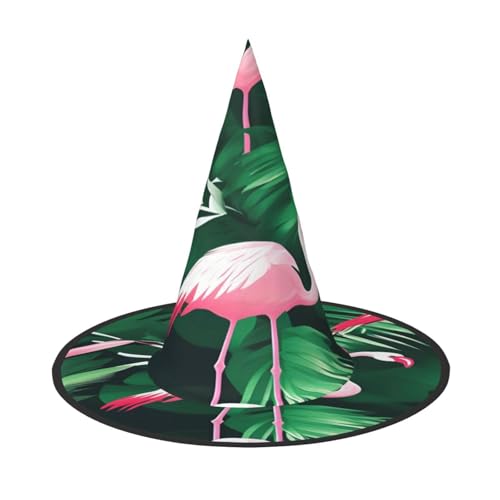 EdsfFehs Halloween-Hut mit Flamingo-Vogel und grünem Blattdruck, spitz, lustig, breite Krempe, Zauberer-Kopfbedeckung, faltbares Festivalzubehör EdsfFehs Halloween-Hut mit Flamingo-Vogel und grünem Blattdruck, spitz, lustig, breite Krempe, Zauberer-Kopfbedeckung, faltbares Festivalzubehör von EdsfFehs