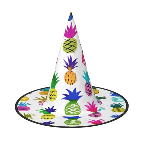 EdsfFehs Halloween-Hut mit buntem Ananas-Druck, spitz, lustig, breite Krempe, Zauberer-Kopfbedeckung, faltbares Festivalzubehör EdsfFehs Halloween-Hut mit buntem Ananas-Druck, spitz, lustig, breite Krempe, Zauberer-Kopfbedeckung, faltbares Festivalzubehör von EdsfFehs
