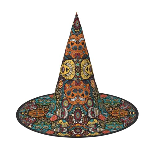 EdsfFehs Halloween-Hut mit buntem Zuckerschädel-Druck, spitz, lustig, breite Krempe, Zauberer-Kopfbedeckung, faltbares Festivalzubehör von EdsfFehs