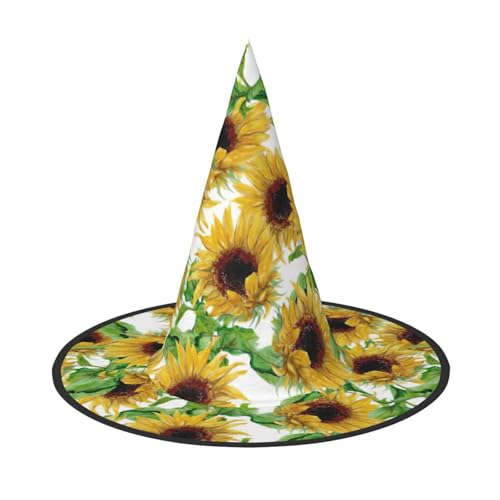 EdsfFehs Halloween-Hut mit gelbem Sonnenblumen-Druck, spitz, lustig, breite Krempe, Zauberer-Kopfbedeckung, faltbares Festivalzubehör EdsfFehs Halloween-Hut mit gelbem Sonnenblumen-Druck, spitz, lustig, breite Krempe, Zauberer-Kopfbedeckung, faltbares Festivalzubehör von EdsfFehs