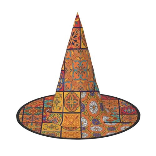 EdsfFehs Halloween-Hut mit marokkanischem geometrischem Druck, spitz, lustig, breite Krempe, Zauberer-Kopfbedeckung, faltbares Festivalzubehör EdsfFehs Halloween-Hut mit marokkanischem geometrischem Druck, spitz, lustig, breite Krempe, Zauberer-Kopfbedeckung, faltbares Festivalzubehör von EdsfFehs