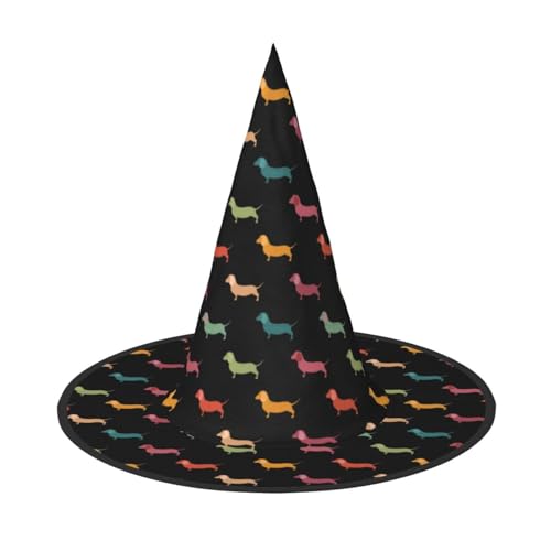 EdsfFehs Halloween-Hut mit süßem Dackel-Motiv, spitz, lustig, breite Krempe, Zauberer-Kopfbedeckung, faltbares Festivalzubehör EdsfFehs Halloween-Hut mit süßem Dackel-Motiv, spitz, lustig, breite Krempe, Zauberer-Kopfbedeckung, faltbares Festivalzubehör von EdsfFehs
