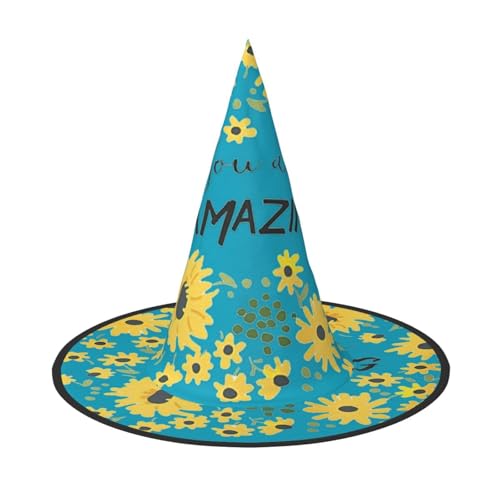 EdsfFehs Halloween-Hut mit wildem Gänseblümchen-Druck, spitz, lustig, breite Krempe, Zauberer-Kopfbedeckung, faltbares Festivalzubehör von EdsfFehs