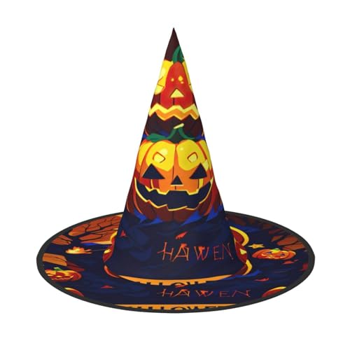 EdsfFehs Halloween-Kürbis-Druck, Halloween-Hut, spitz, lustig, breite Krempe, Zauberer-Kopfbedeckung, faltbares Festivalzubehör von EdsfFehs