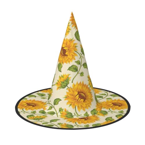 EdsfFehs Schöner gelber Sonnenblumen-Druck, Halloween-Hut, spitz, lustig, breite Krempe, Zauberer-Kopfbedeckung, faltbares Festivalzubehör EdsfFehs Schöner gelber Sonnenblumen-Druck, Halloween-Hut, spitz, lustig, breite Krempe, Zauberer-Kopfbedeckung, faltbares Festivalzubehör von EdsfFehs