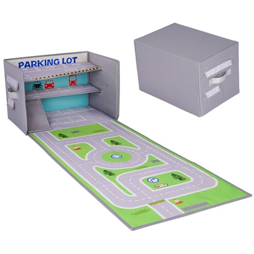 Edsnor Spielzeug Garage für Autos - 3 in1 Box für Spielzeugautos, Auto Organizer und Spielteppich (Nicht enthalten Autos) von Edsnor