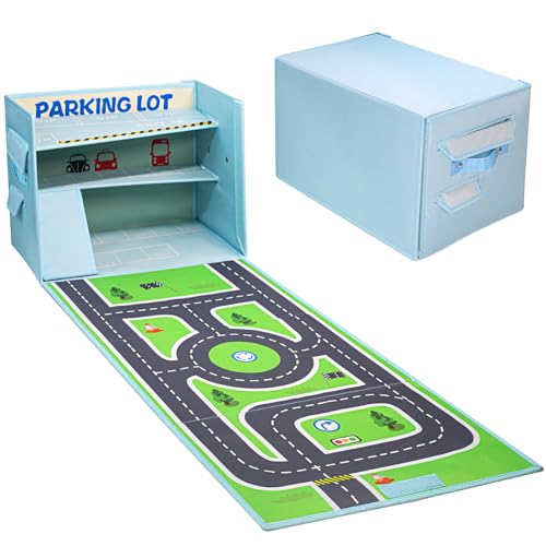 Edsnor Spielzeug Garage für Autos - 3 in1 Spielzeugautos Box, Auto Organizer und Spielteppich (Nicht enthalten Autos) von Edsnor