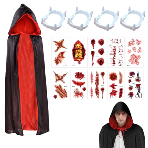 EduPlayte Halloween Vampir Kostüm + 4 Stück Vampir Zähne + 10 Gesichtstattoo, Faschingskostüme Schminke Accessoires, Halloween Umhang Rot Schwarz Cape Dracula Kostüm Erwachsene Damen, 150CM von EduPlayte