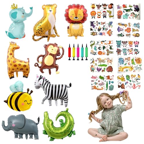 Luftballon Tiere, 9 Stück Folienballon Geburtstag, Luftballons Tiere, 10 Tattoos für Kinder Waldtiere Geburtstag Deko, Safari Deco, Kinder Birthday Party Deko von EduPlayte