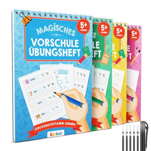 Edubini Magische Vorschule Übungshefte ab 5 Junge & Mädchen - [4 HEFTE + STIFT] - Wiederverwendbare Schreiblernhefte für Vorschule - Buchstaben lernen, Schreiben lernen, Zahlen lernen von Edubini