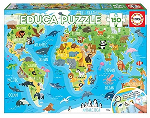 Educa - Weltkarte mit Tieren, 150 Teile Puzzle für Kinder ab 6 Jahren, Landkarte, Lernpuzzle (18115) von Educa