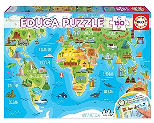 Educa - Weltkarte der Monumente, 150 Teile Puzzle für Kinder ab 6 Jahren, Landkarte, Lernpuzzle (18116) von Educa