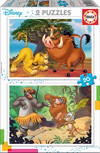 Educa - Puzzle 20 Teile für Kinder ab 3 Jahren | Disney Tiere, 2x20 Teile Puzzleset für Kinder ab 3 Jahren, König der Löwen, Dschungelbuch (18103) von Educa