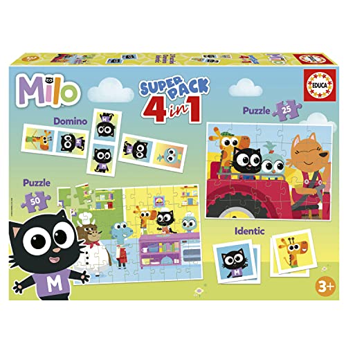 Educa 19684, Milo Superpack 4in1, inkl. Domino, Memo Spiel und 2 Puzzles, für Kinder ab 3 Jahren von Educa