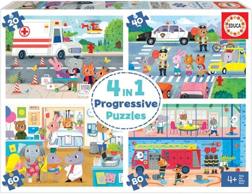 Educa - Alltagshelden, 4in1 Kinderpuzzle mit 20, 40, 60 und 80 Teilen, ab 4 Jahren, progressives Puzzle (18903) von Educa