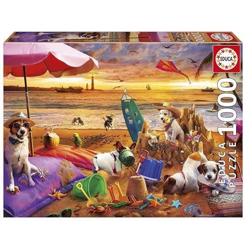 Educa - 1000-teiliges Puzzle für Erwachsene | Hunde Spielen am Strand. Inklusive Fix Puzzle-Kleber. Maße: 68 x 48 cm. Ab 14 Jahren (20312) von Educa