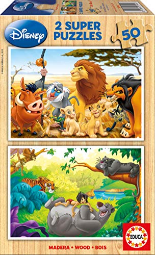 Educa - Holzpuzzle mit 50 Teile | Disney Tierfreunde, 2x50 Teile Holzpuzzle, Kinderpuzzle ab 4 Jahren, König der Löwen, Dschungelbuch (13144) von Educa