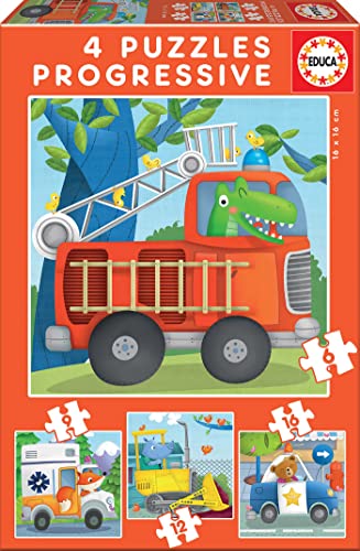 Educa 17144, Fahrzeuge, 4-in-1 Puzzleset für Kinder ab 3 Jahren von Educa