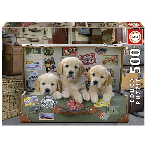 Educa 17645, Hunde im Koffer, 500 Teile Puzzle für Erwachsene und Kinder ab 10 Jahren, Golden Retriever von Educa