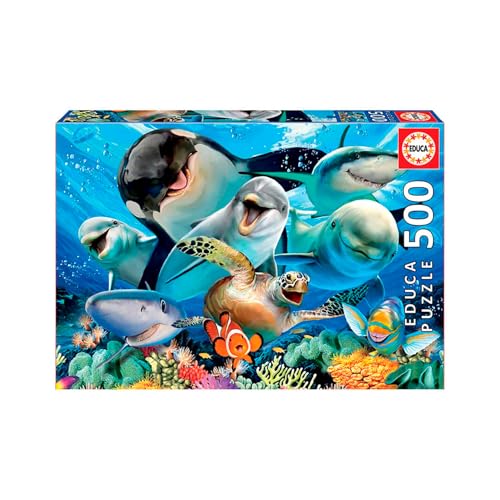 Educa - Puzzle 500 Teile für Erwachsene | Meerestiere Selfie, lustiges 500 Teile Puzzle für Erwachsene und Kinder ab 11 Jahren, Hai, Delfin, Wal, Clownfisch (17647) von Educa