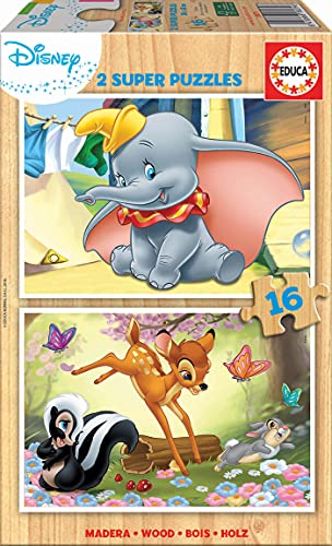Educa 18079, Dumbo & Bambi, 2x16 Teile Puzzleset für Kinder ab 3 Jahren, Holzpuzzle, Disney von Educa