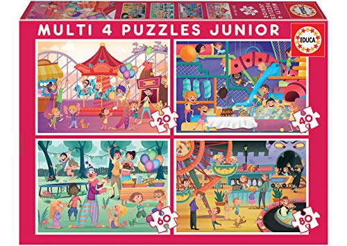 Educa 18601, Im Vergnügungspark, 4 x 20/40/60/80 Teile Puzzle, 4in1 Puzzleset für Kinder ab 5 Jahren von Educa