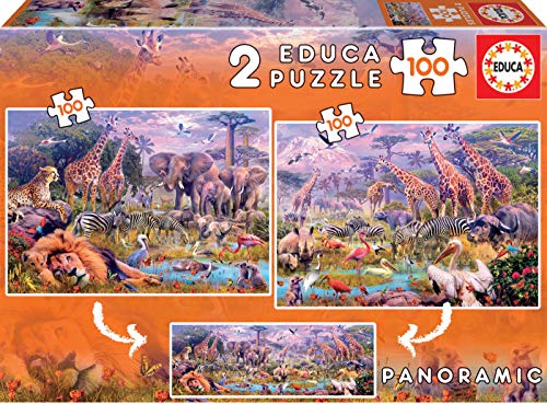 Educa - Puzzle 100 Teile | Wilde Tiere, 2x100 Teile Panorama Puzzle für Kinder ab 6 Jahren, Tierpuzzle (18606) von Educa