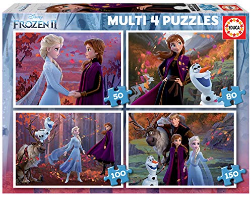 Educa - Die Eiskönigin 2, 4in1 Puzzleset mit 50/80/100/150 Teilen für Kinder ab 5 Jahren, ELSA und Anna, Olaf, Disney, Frozen II (18640) von Educa