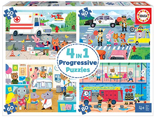Educa - Alltagshelden, 4in1 Kinderpuzzle mit 20, 40, 60 und 80 Teilen, ab 4 Jahren, progressives Puzzle (18903) von Educa