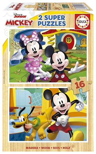 Educa 19287, Mickey & Minnie 2 x 16 Teile Holzpuzzleset für Kinder ab 3 Jahren, Disney von Educa