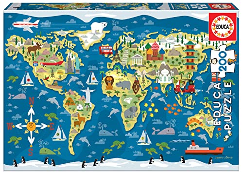 Educa 19292, Weltkarte, 200 Teile Puzzle für Erwachsene und Kinder ab 6 Jahren, Landkarte von Educa
