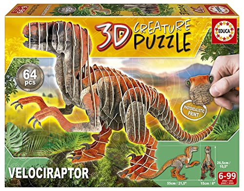 Educa 19382, Velociraptor, 3D Puzzle für Erwachsene und Kinder ab 6 Jahren, 64 Teile, Dinosaurier von Educa