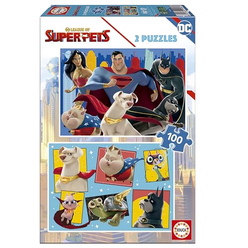 Educa - Puzzle 100 Teile | DC League of Superpets, 2x100 Teile Puzzle-Set für Erwachsene und Kinder ab 5 Jahren, Zeichentrickfilm, Superman (19484) von Educa