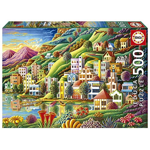 Educa - Puzzle 500 Teile für Erwachsene | Buntes Dorf am See, 500 Teile Puzzle für Erwachsene und Kinder ab 11 Jahren, Landschaftspuzzle, Illustration (19552) von Educa