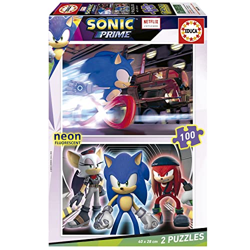 Educa Sonic Prime Neon Puzzle-Set mit 2 Puzzles mit 100 Teilen, die im Dunkeln leuchten – Maße: ca. 1 x 40 x 28 cm, bestehend aus großen Teilen, ab 6 Jahren (19629) von Educa