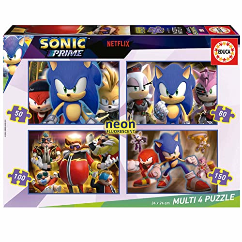 Educa Multi 4 Sonic Prime Neon | Set mit 4 progressiven Puzzles für Kinder von 50 bis 150 Teilen, die im Dunkeln leuchten, Maße montiert: ca. 34 x 24 cm, ab 5 Jahren (19631) von Educa